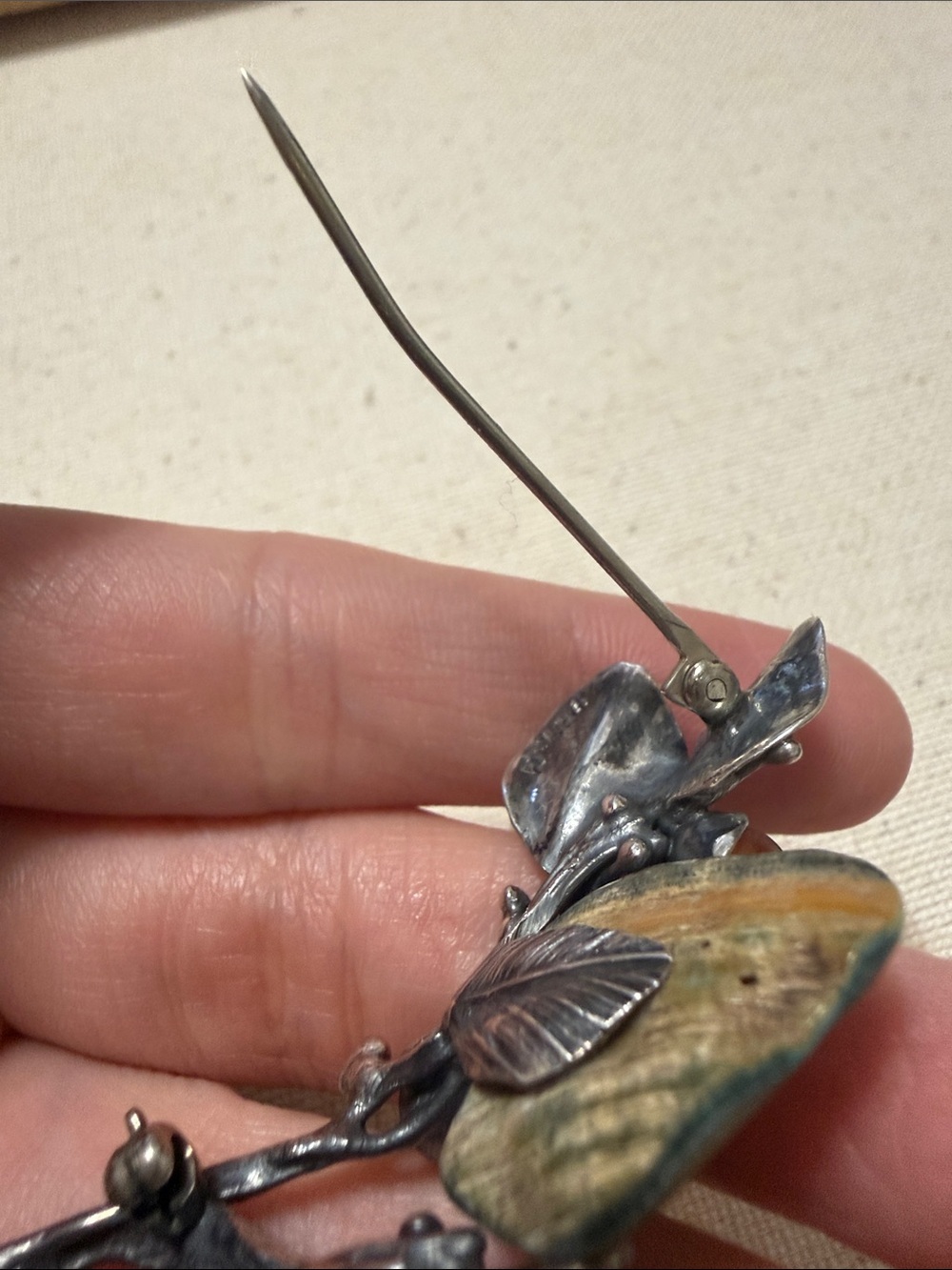 Sterling Silver Botanical Brooch W/Abalone & Accents of Amber & Malachite Stone - Picture 10 of 12